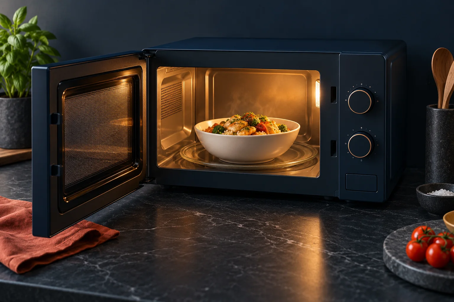 Generated editorial illustration of a microwave oven and a bowl of food; not a measured field or temperature map.